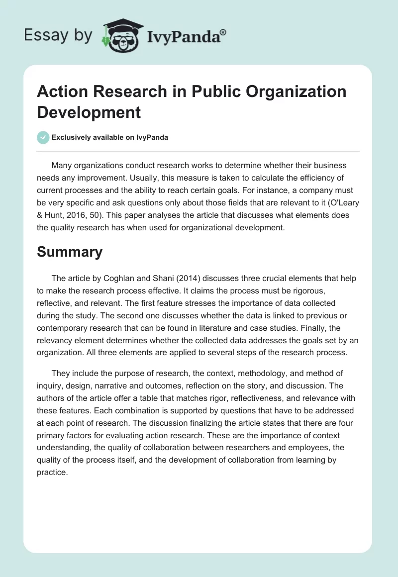 Action Research in Public Organization Development. Page 1