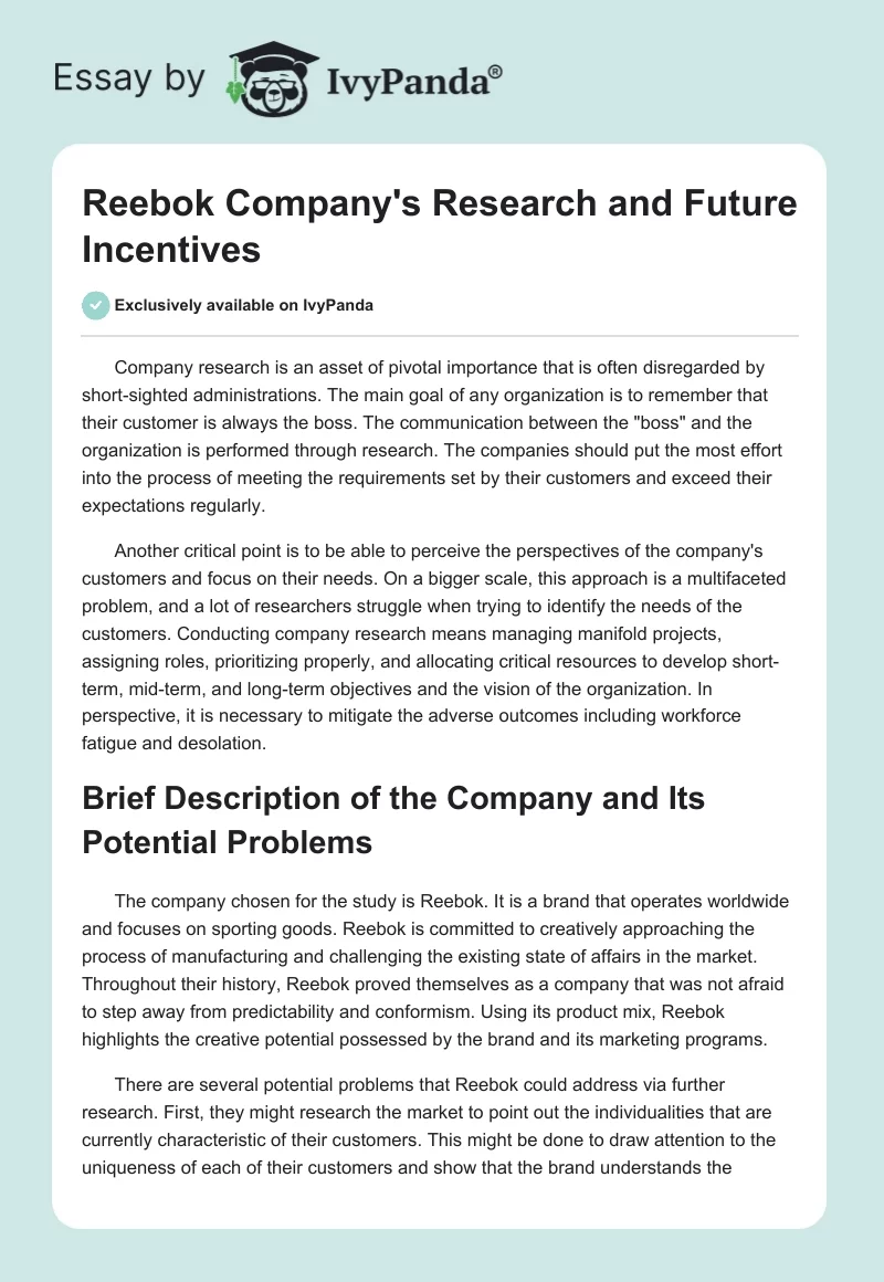 Reebok Company's Research and Future Incentives. Page 1