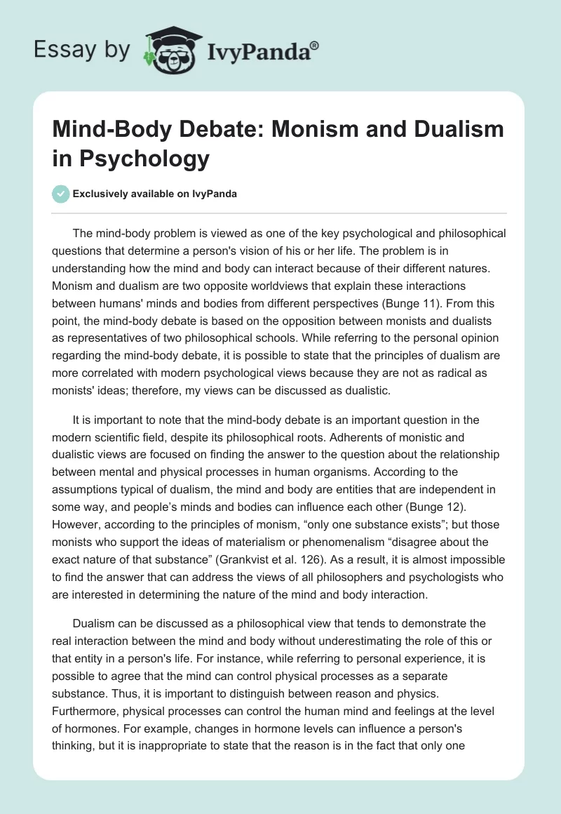 Mind-Body Debate: Monism and Dualism in Psychology. Page 1