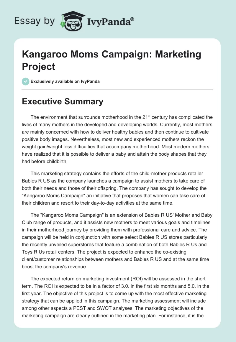 Kangaroo Moms Campaign: Marketing Project. Page 1