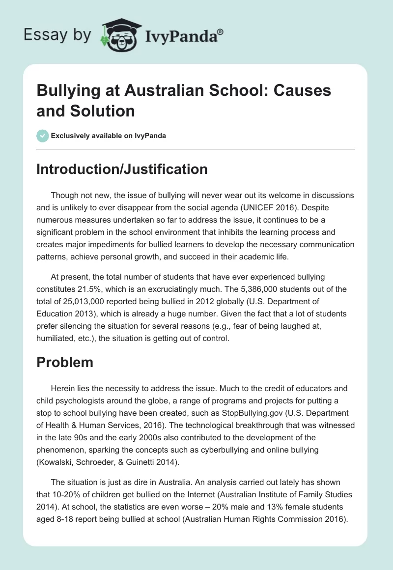 Bullying at Australian School: Causes and Solution. Page 1