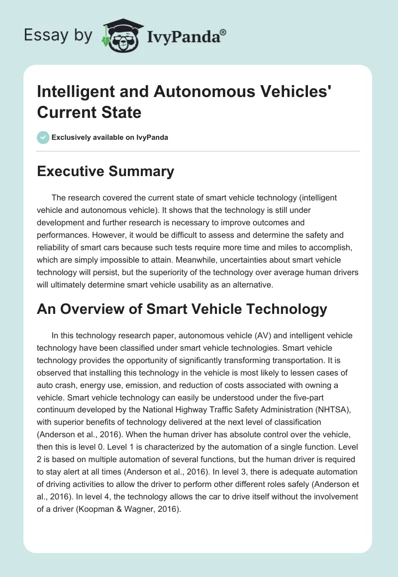 Intelligent and Autonomous Vehicles' Current State. Page 1