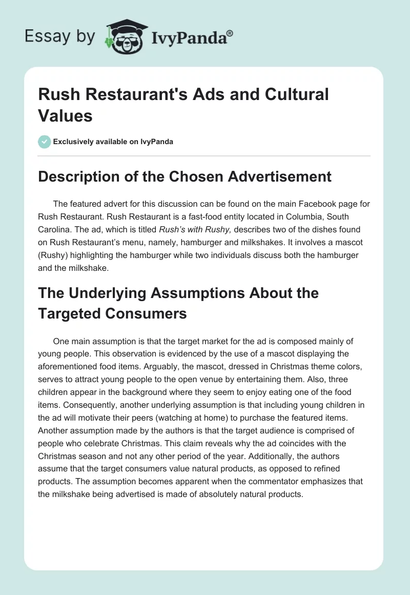 Rush Restaurant's Ads and Cultural Values. Page 1