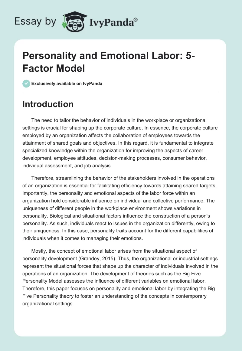 Personality and Emotional Labor: 5-Factor Model. Page 1