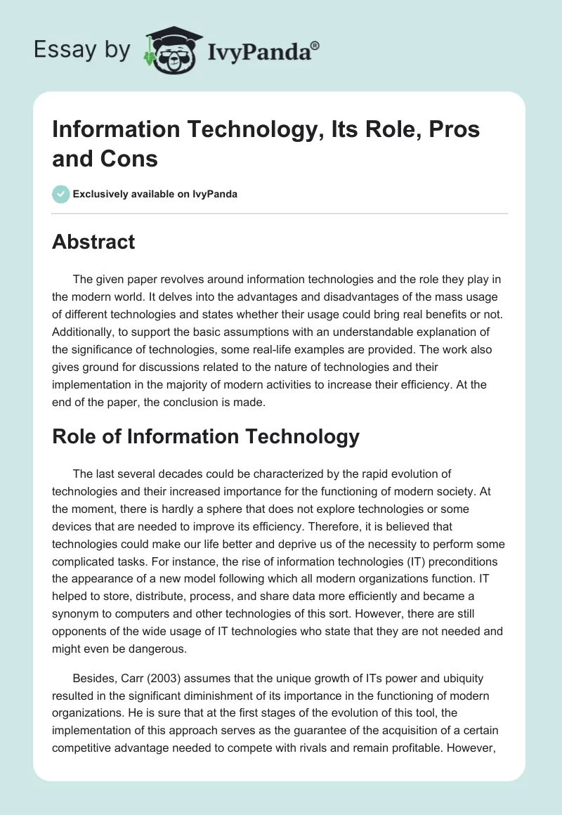 Information Technology, Its Role, Pros and Cons. Page 1