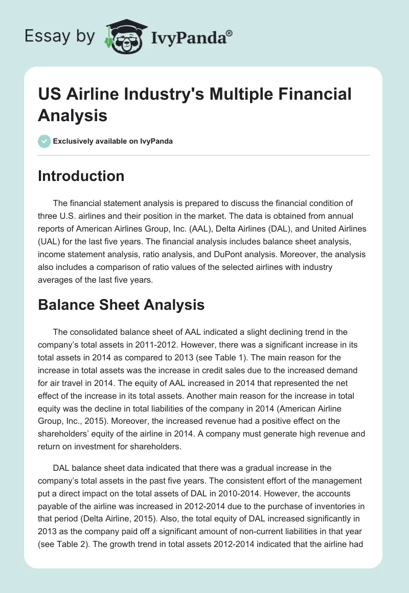 US Airline Industry's Multiple Financial Analysis. Page 1