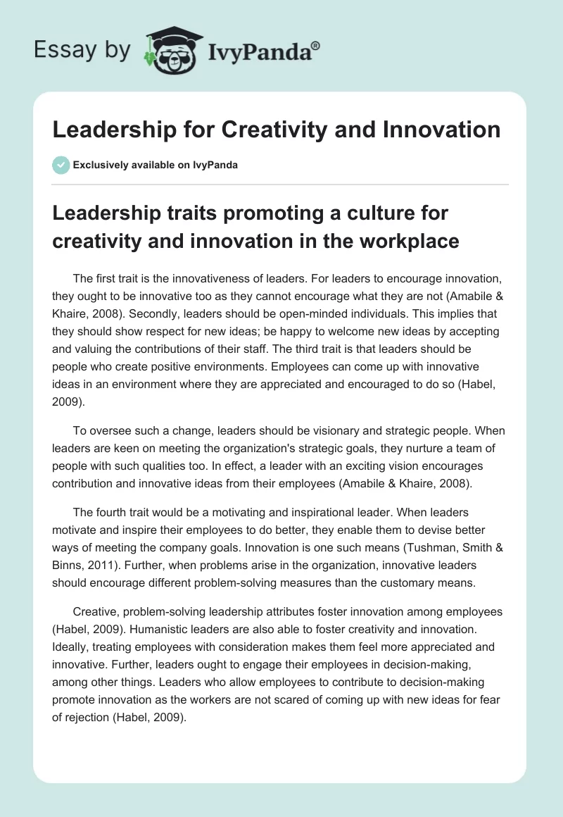 Leadership for Creativity and Innovation. Page 1