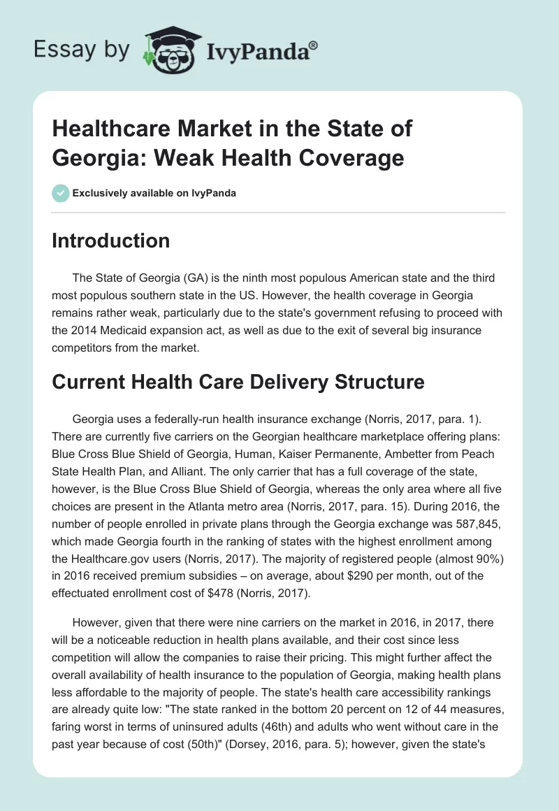 Healthcare Market in the State of Georgia: Weak Health Coverage. Page 1