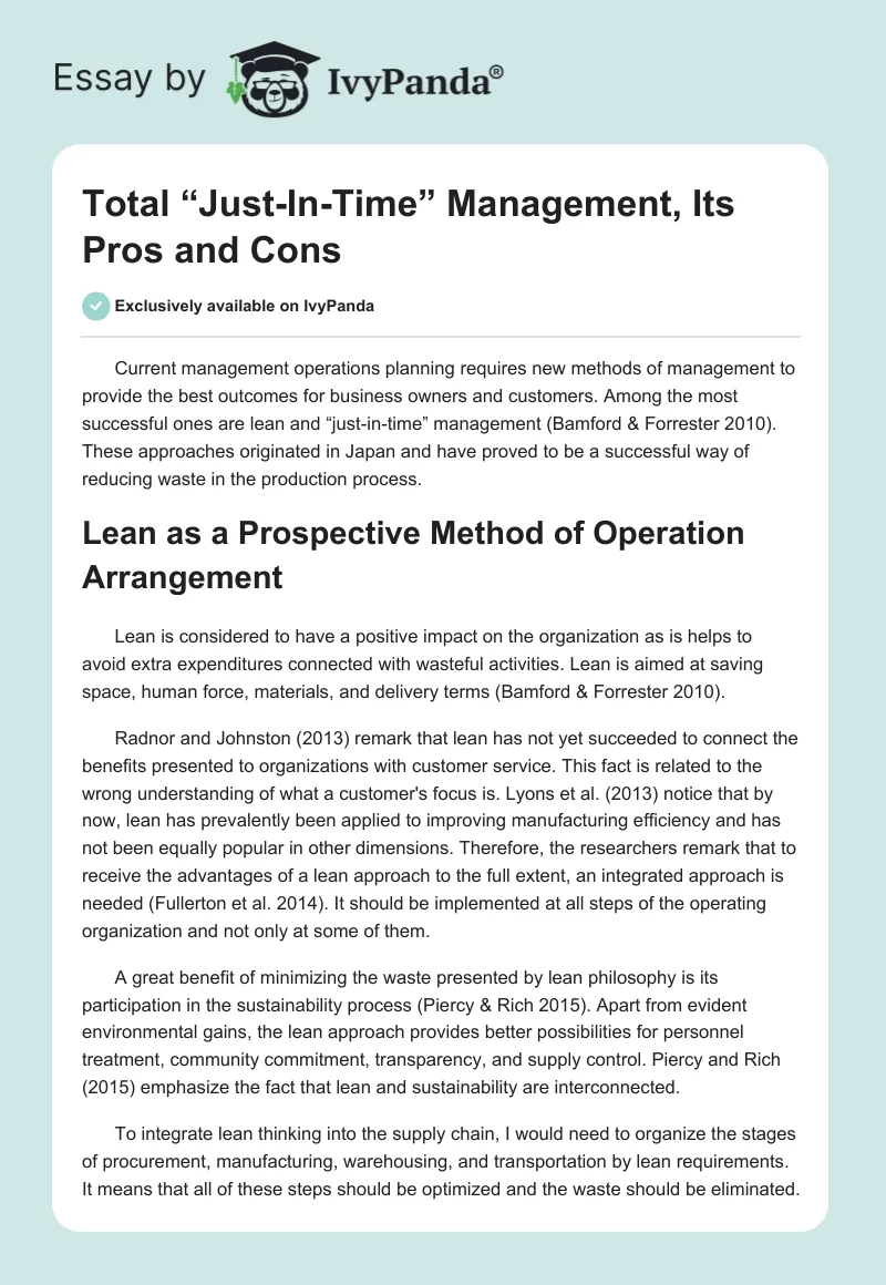 Total “Just-In-Time” Management, Its Pros and Cons. Page 1
