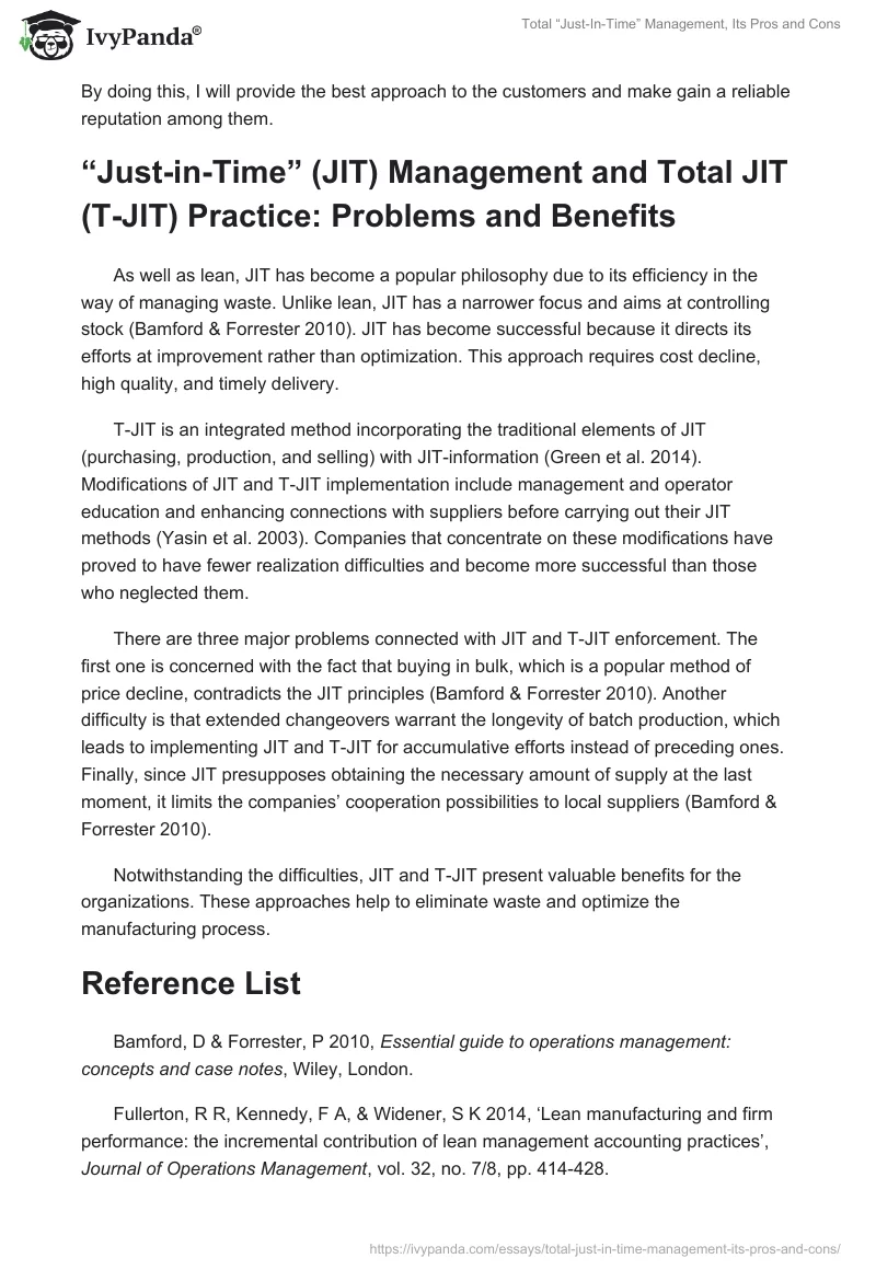 Total “Just-In-Time” Management, Its Pros and Cons. Page 2