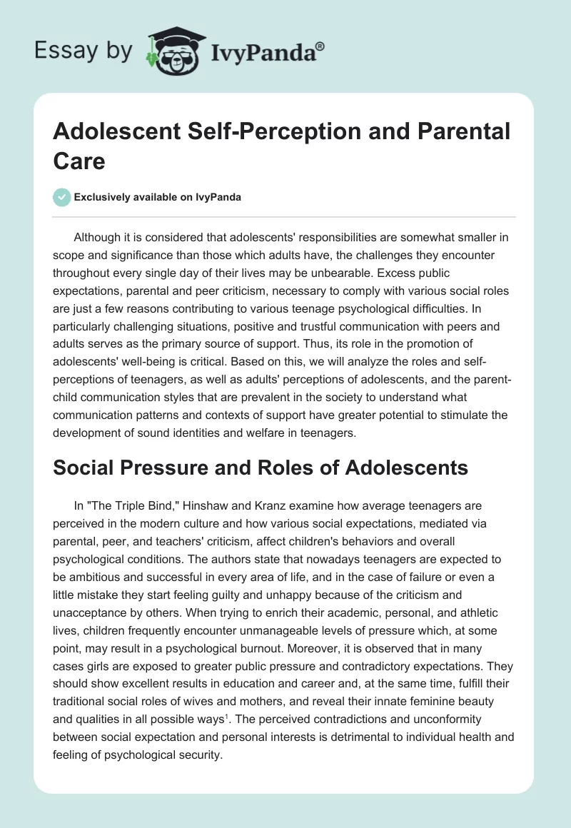Adolescent Self-Perception and Parental Care. Page 1