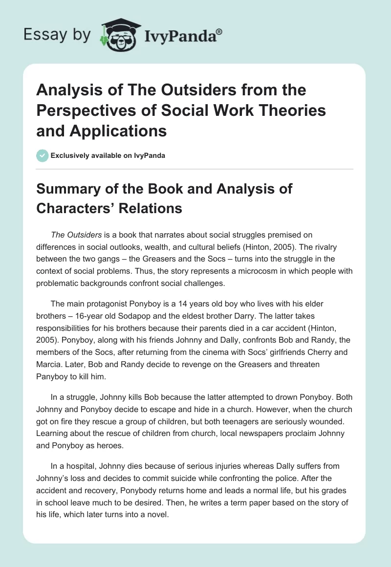 Analysis of The Outsiders From the Perspectives of Social Work Theories and Applications. Page 1