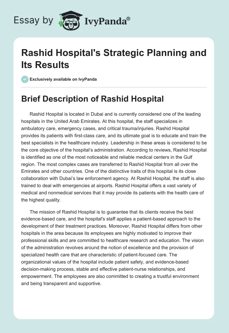 Rashid Hospital's Strategic Planning and Its Results. Page 1