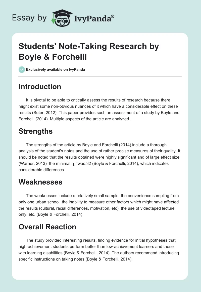 Students' Note-Taking Research by Boyle & Forchelli. Page 1