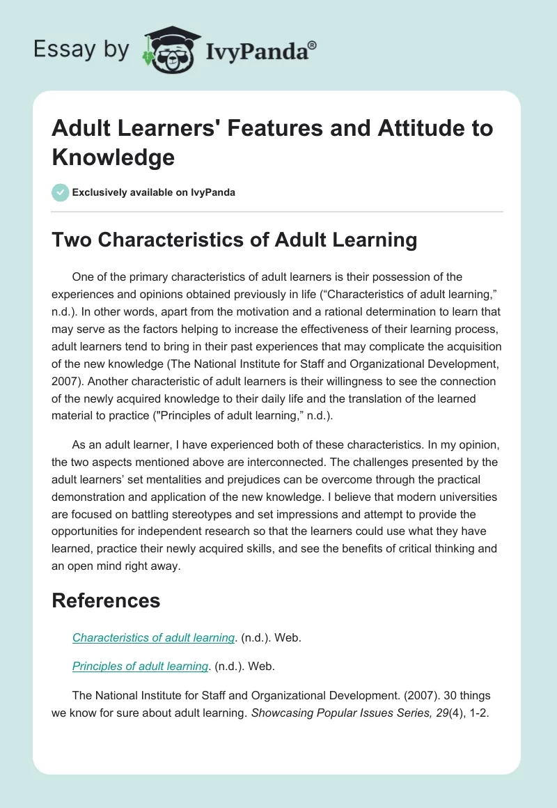 Adult Learners' Features and Attitude to Knowledge. Page 1