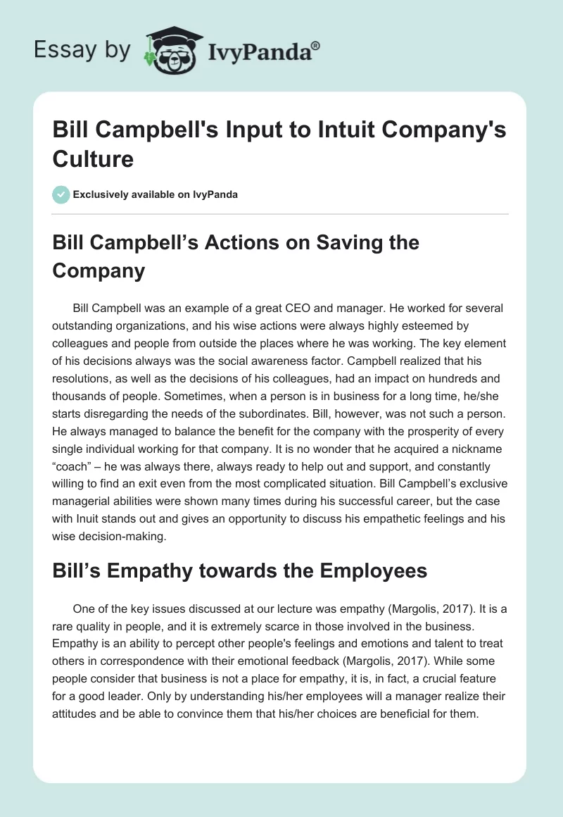 Bill Campbell's Input to Intuit Company's Culture. Page 1