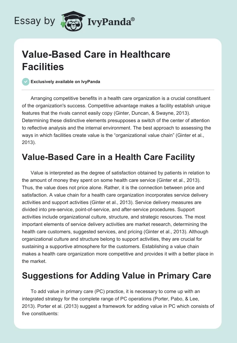 Value-Based Care in Healthcare Facilities. Page 1