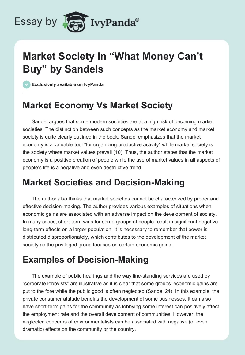 Market Society in “What Money Can’t Buy” by Sandels. Page 1