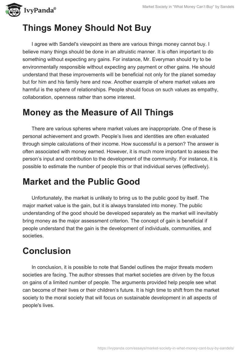 Market Society in “What Money Can’t Buy” by Sandels. Page 2