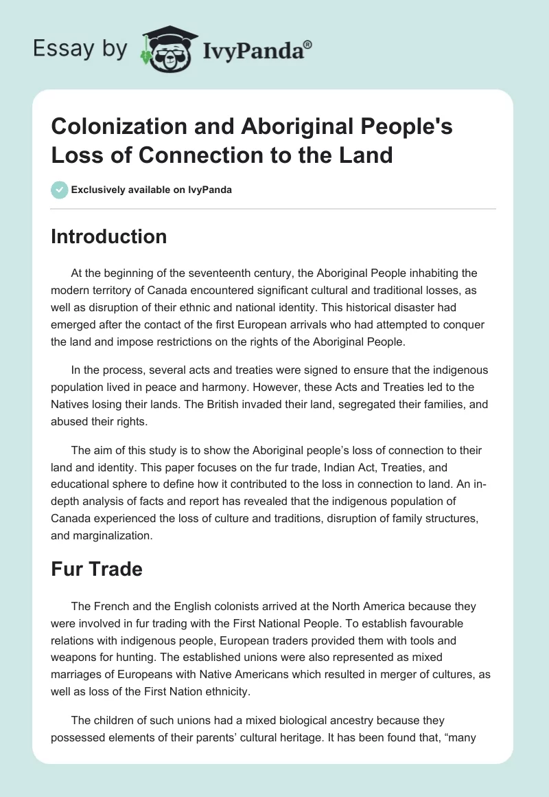 Colonization and Aboriginal People's Loss of Connection to the Land. Page 1