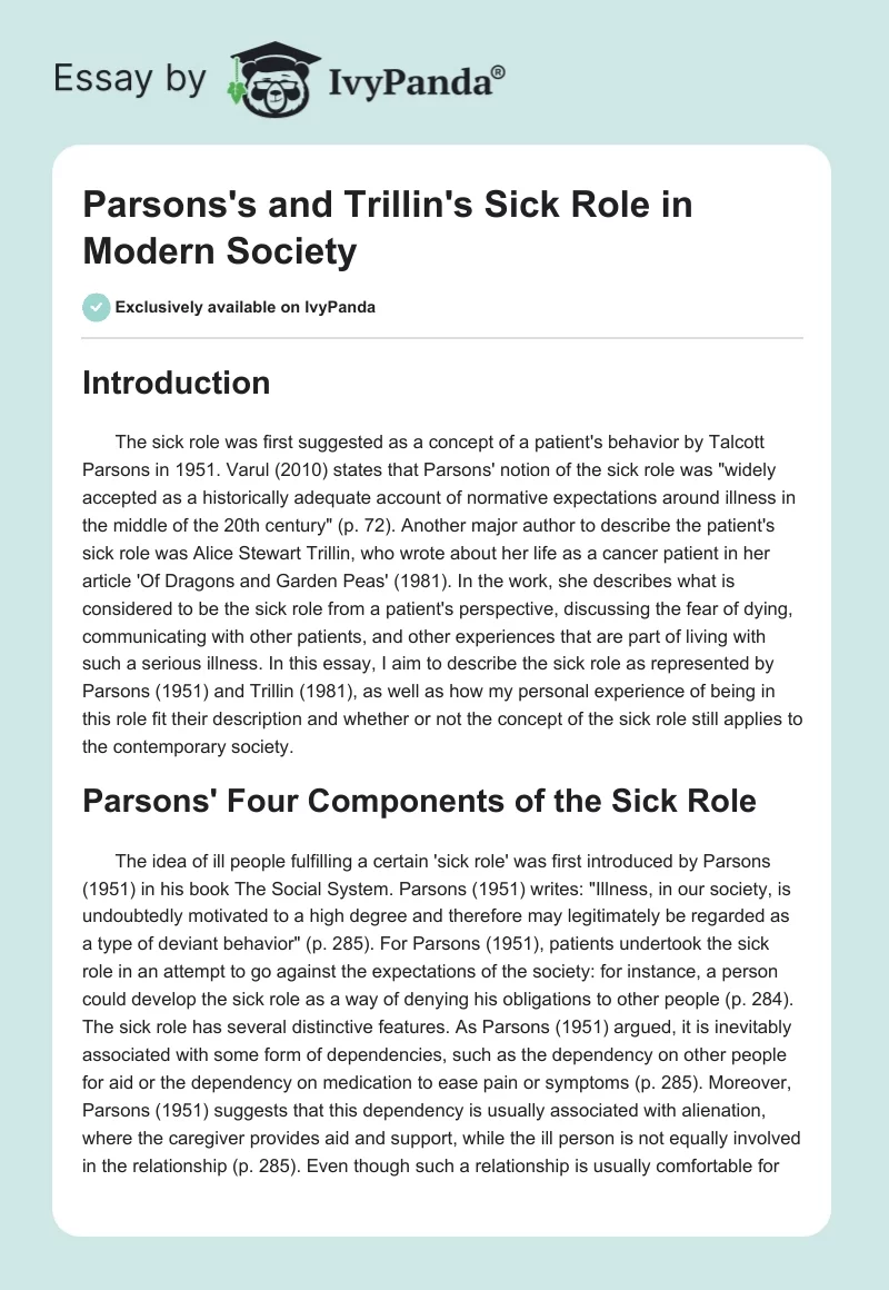 Parsons's and Trillin's Sick Role in Modern Society. Page 1