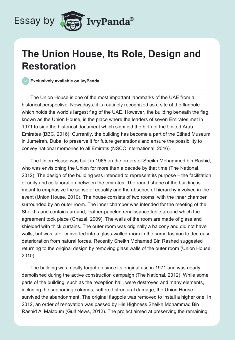 The Union House, Its Role, Design and Restoration. Page 1