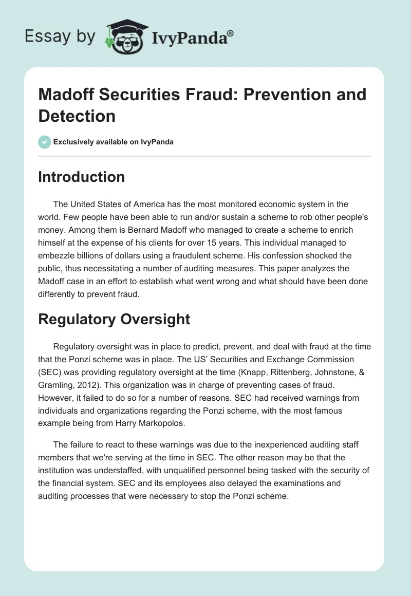Madoff Securities Fraud: Prevention and Detection. Page 1