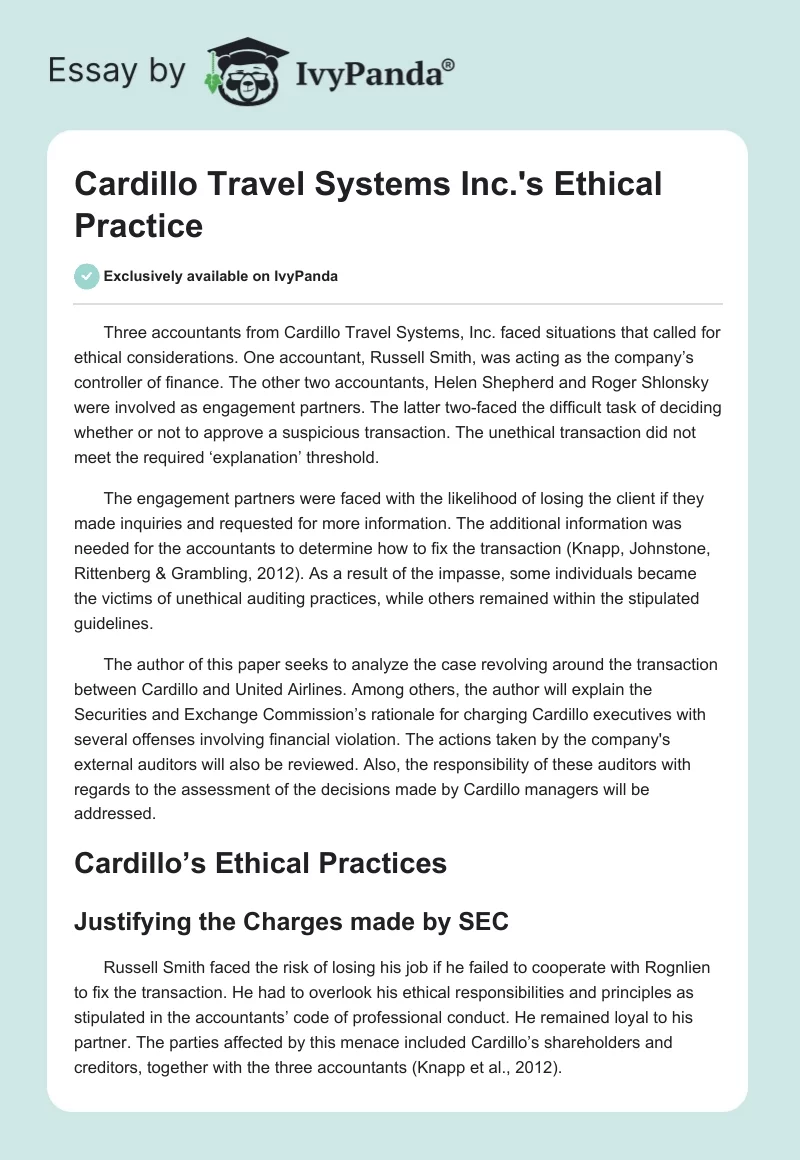 Cardillo Travel Systems Inc.'s Ethical Practice. Page 1