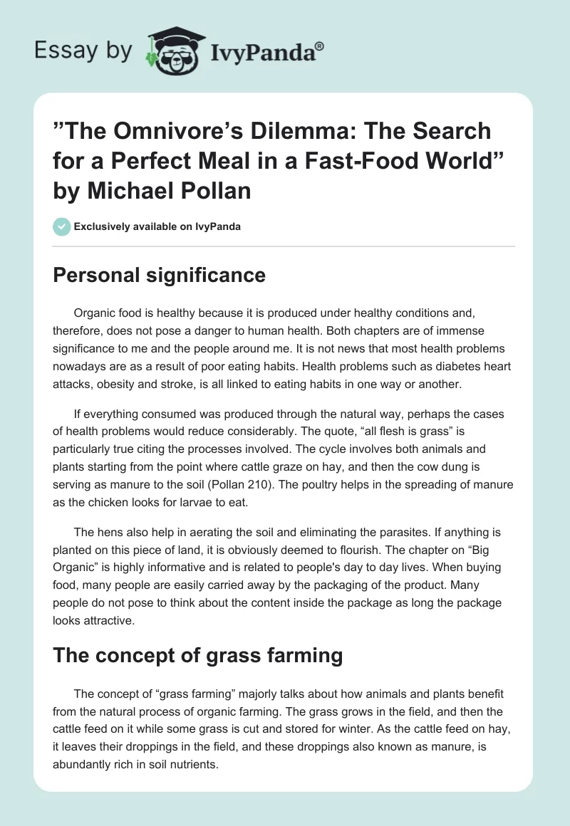 “The Omnivore’s Dilemma: The Search for a Perfect Meal in a Fast-Food World” by Michael Pollan. Page 1