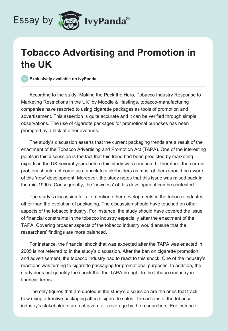 Tobacco Advertising and Promotion in the UK. Page 1