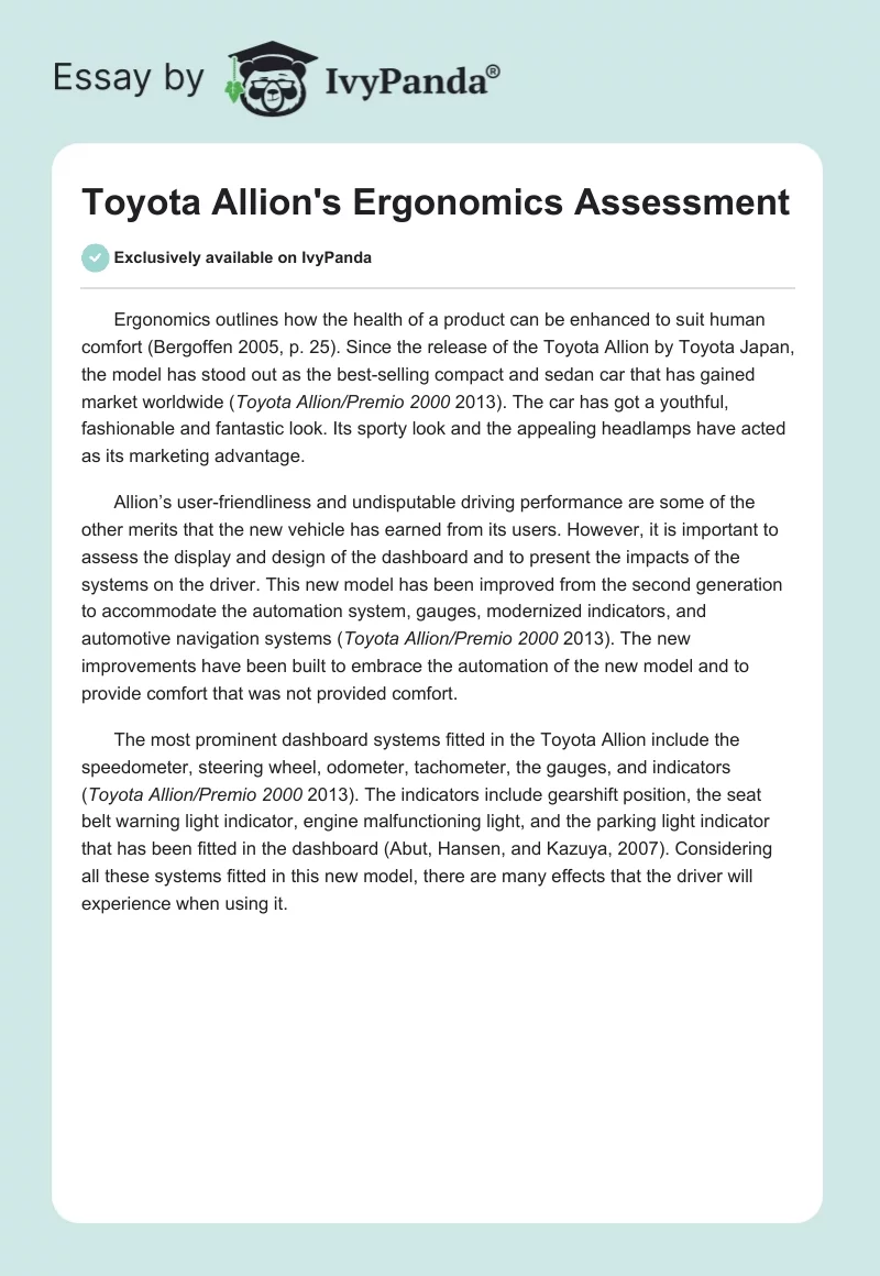 Toyota Allion's Ergonomics Assessment. Page 1