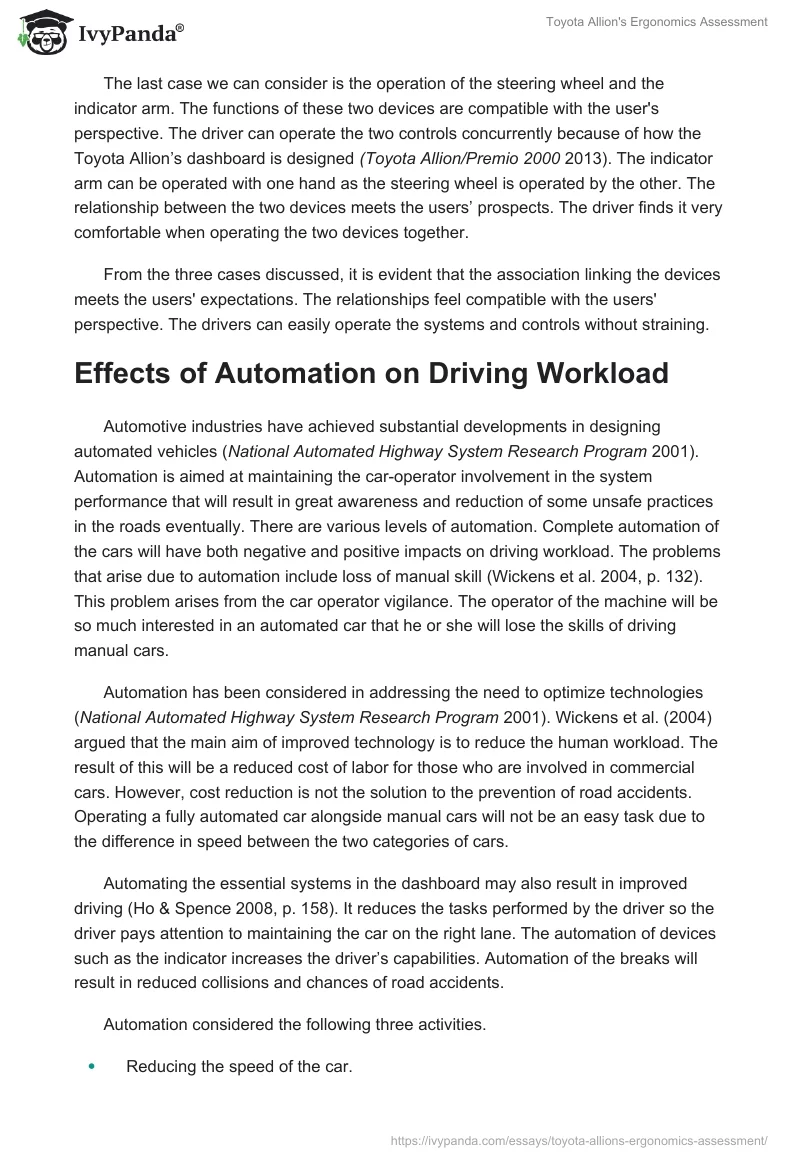 Toyota Allion's Ergonomics Assessment. Page 5