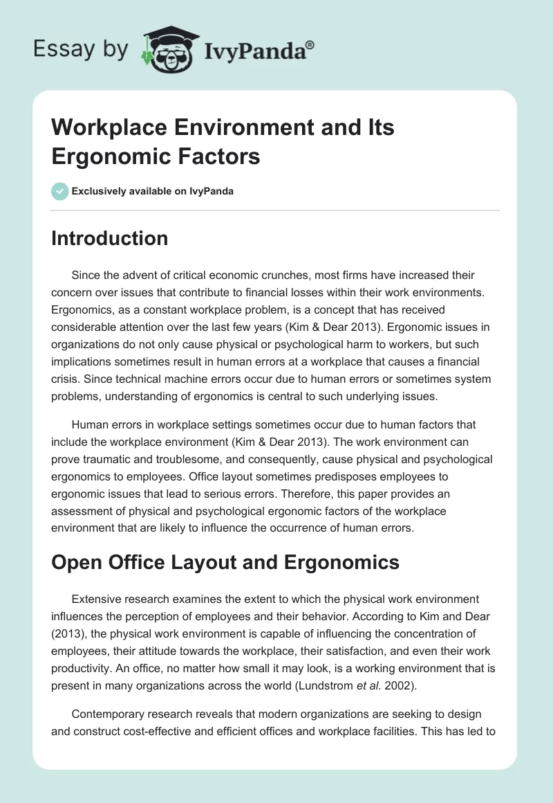Workplace Environment and Its Ergonomic Factors. Page 1