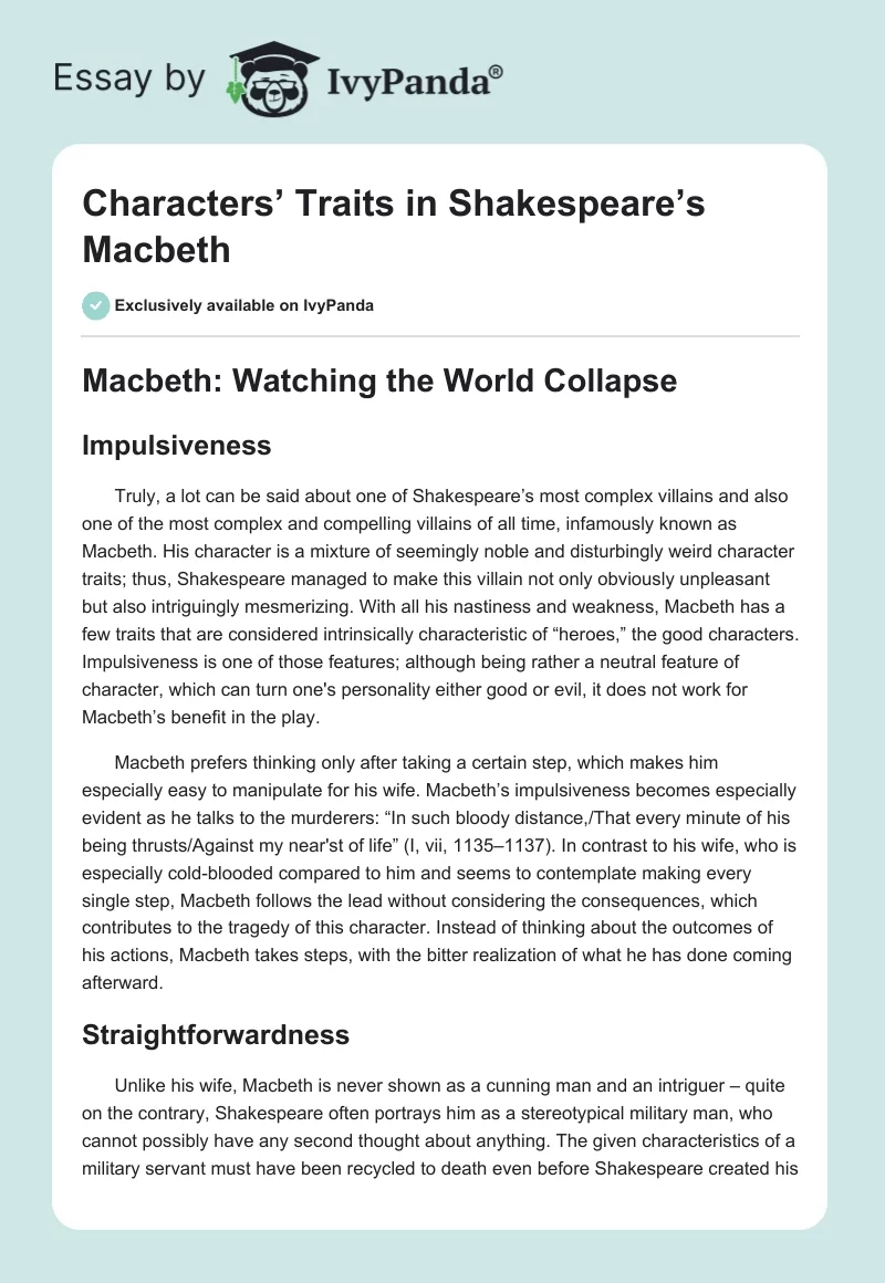 Characters’ Traits in Shakespeare’s Macbeth. Page 1