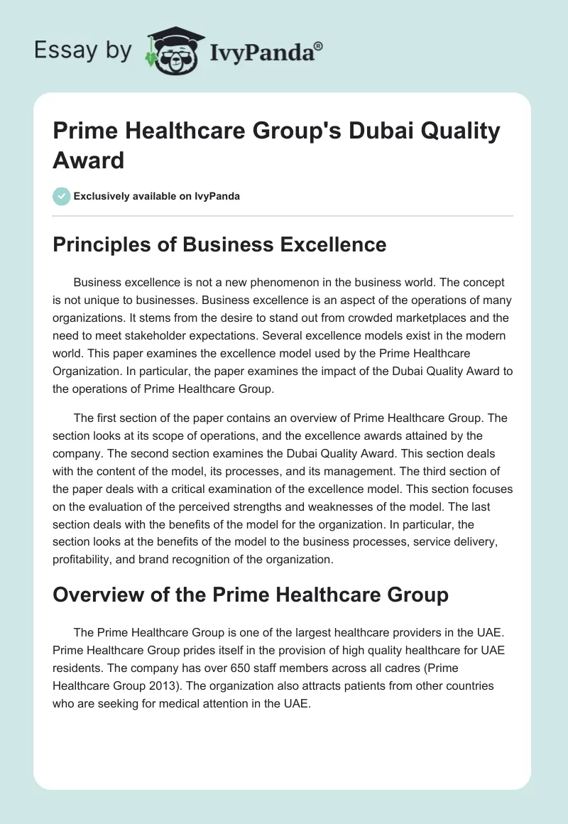 Prime Healthcare Group's Dubai Quality Award. Page 1