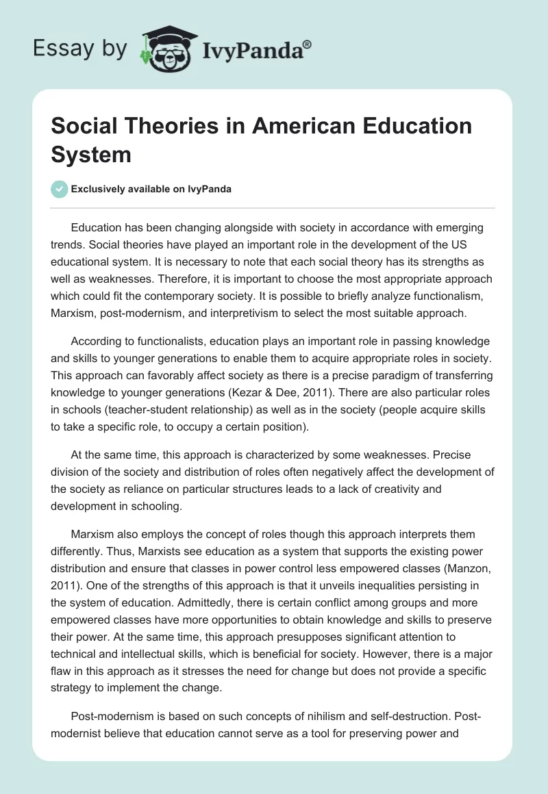 Social Theories in American Education System. Page 1