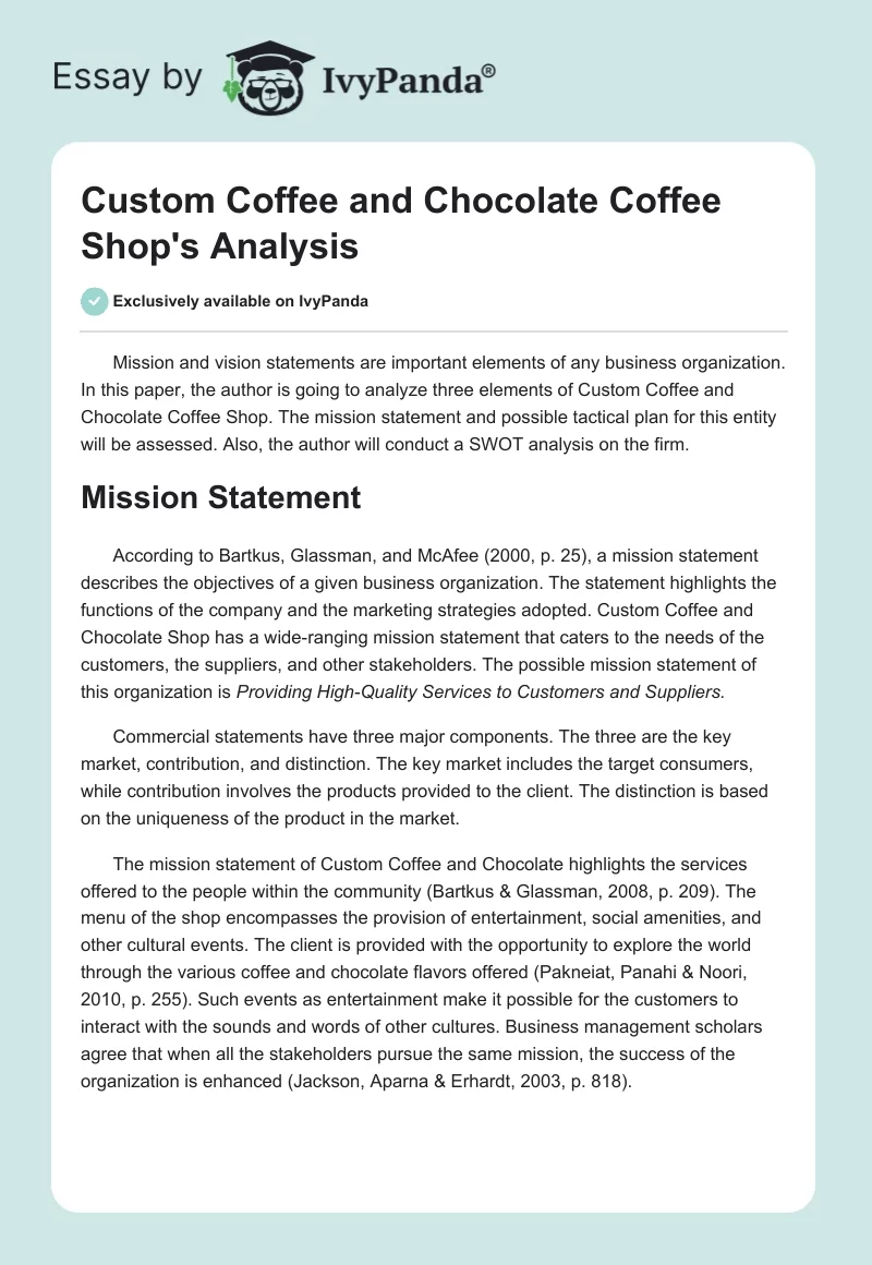Custom Coffee and Chocolate Coffee Shop's Analysis. Page 1