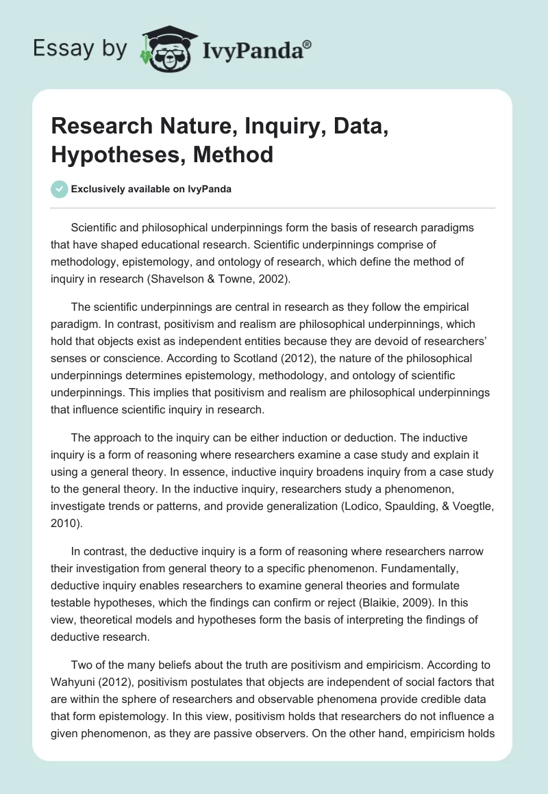 Research Nature, Inquiry, Data, Hypotheses, Method. Page 1