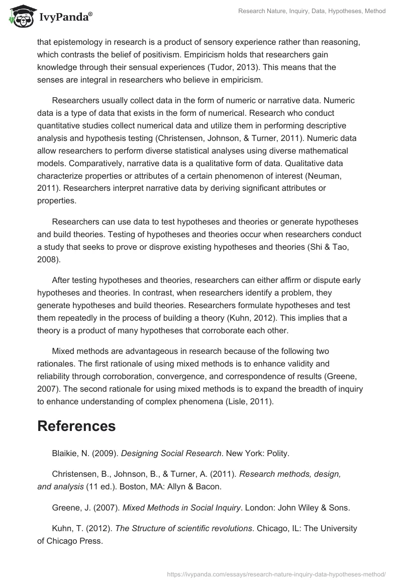 Research Nature, Inquiry, Data, Hypotheses, Method. Page 2