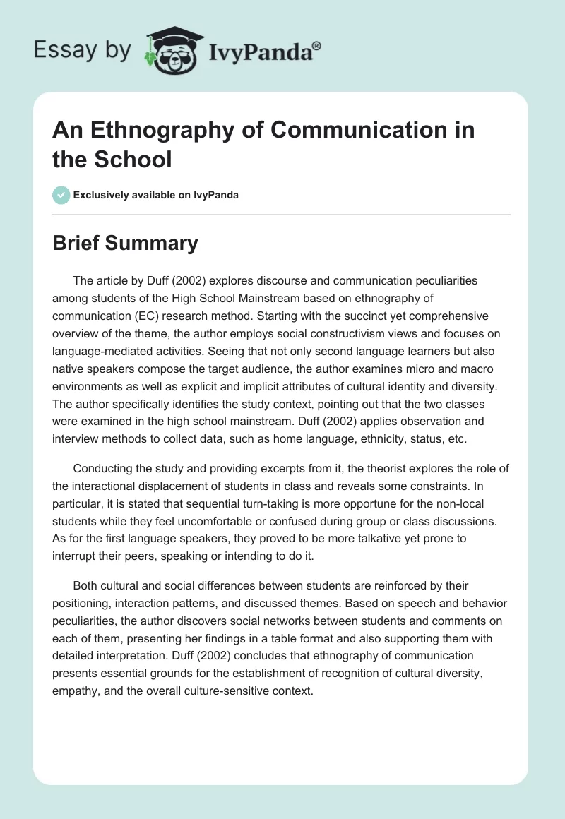 An Ethnography of Communication in the School. Page 1