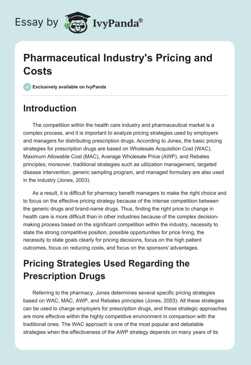 Pharmaceutical Industry's Pricing and Costs. Page 1