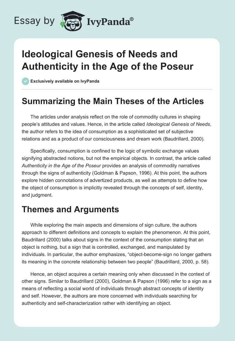 Ideological Genesis of Needs and Authenticity in the Age of the Poseur. Page 1