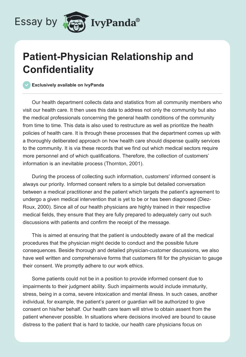 Patient-Physician Relationship and Confidentiality. Page 1
