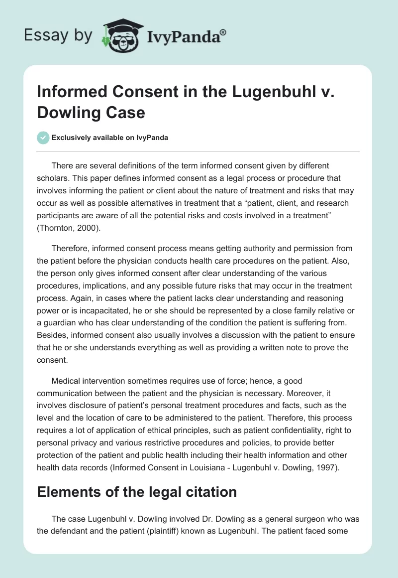 Informed Consent in the Lugenbuhl v. Dowling Case. Page 1