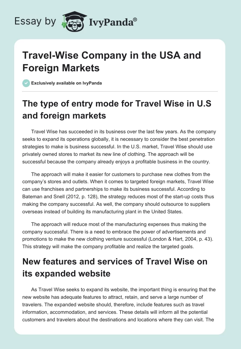 Travel-Wise Company in the USA and Foreign Markets. Page 1