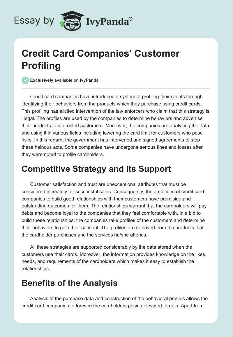 Credit Card Companies' Customer Profiling. Page 1