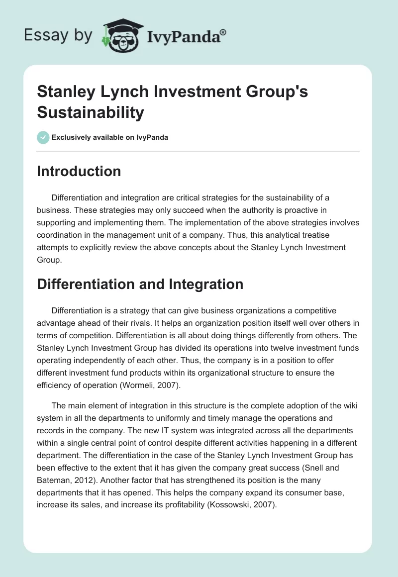 Stanley Lynch Investment Group's Sustainability. Page 1