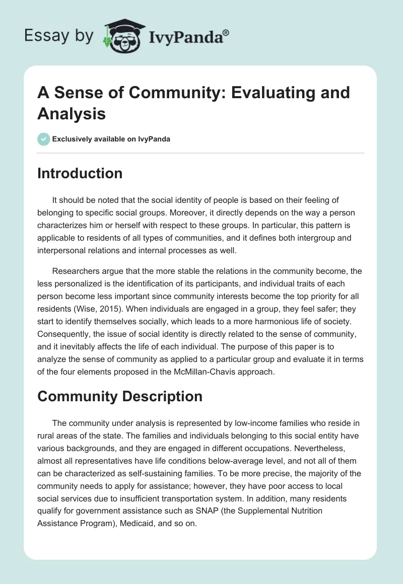 A Sense of Community: Evaluating and Analysis. Page 1