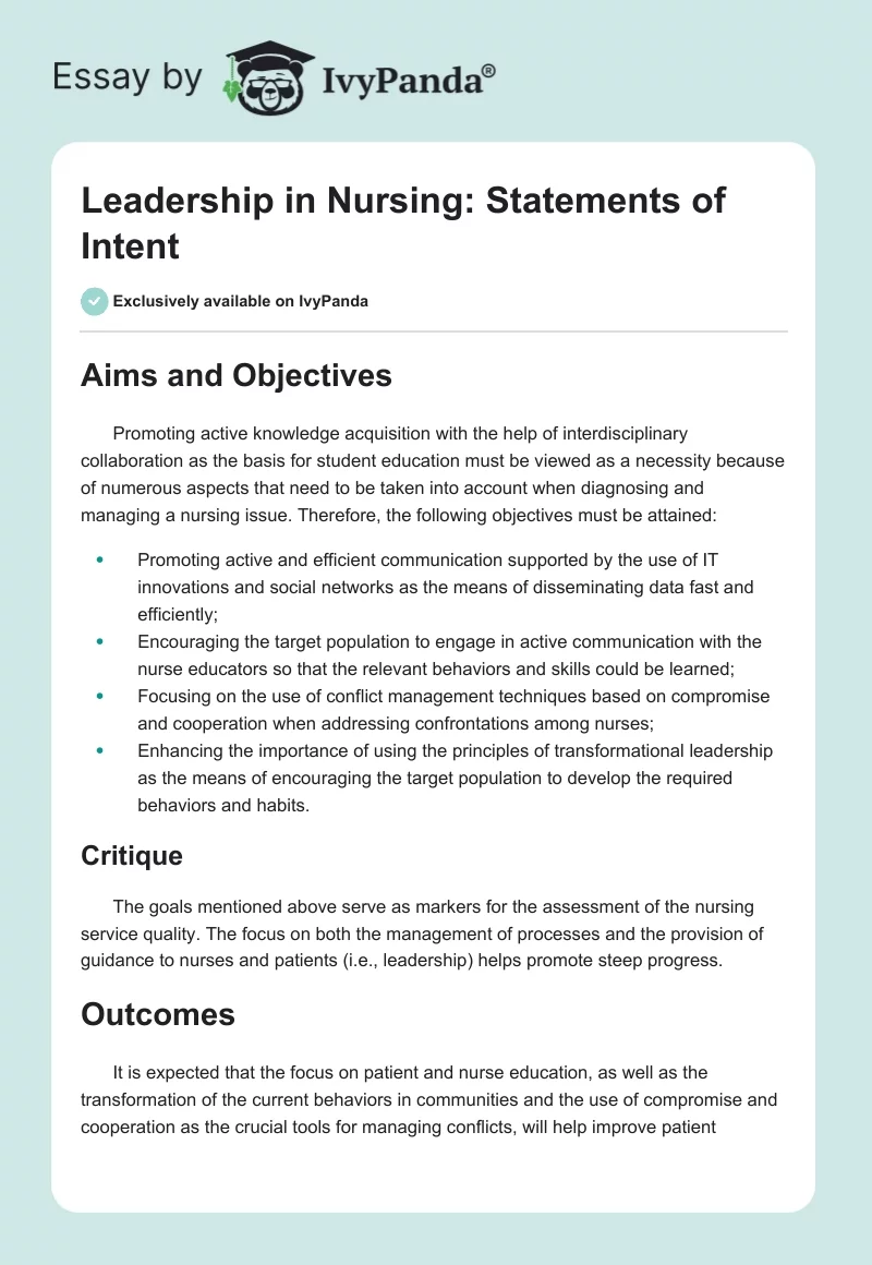 Leadership in Nursing: Statements of Intent. Page 1