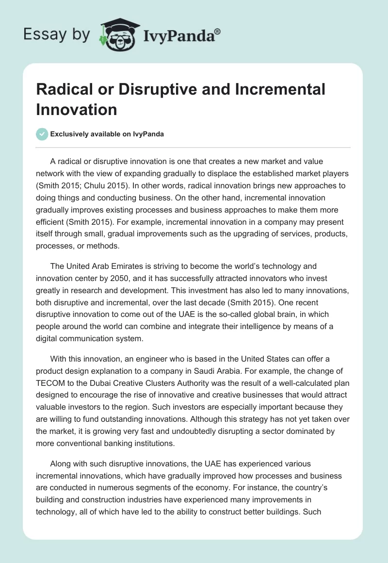 Radical or Disruptive and Incremental Innovation. Page 1